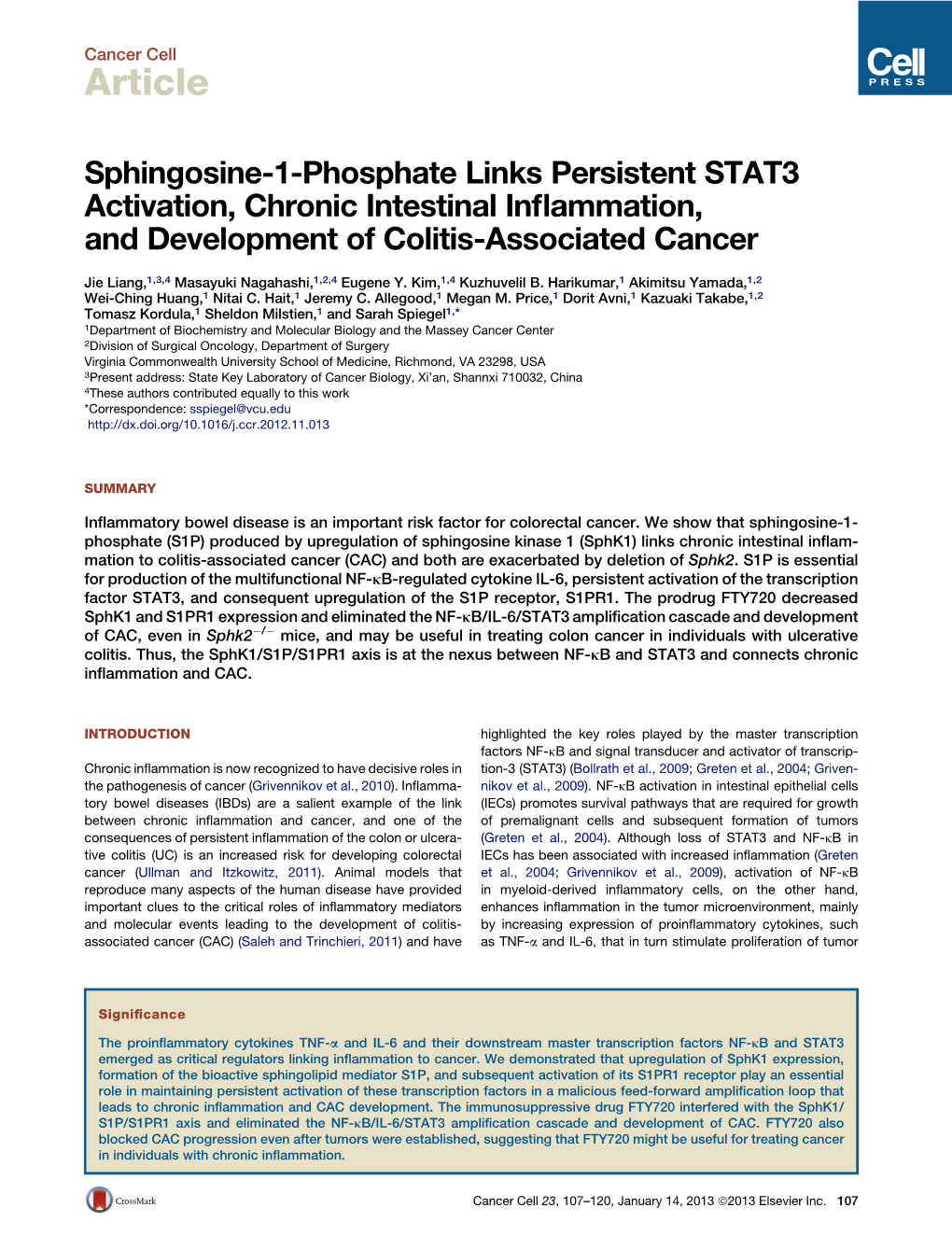 Sphingosine-1-Phosphate Links Persistent STAT3 Activation, Chronic Intestinal Inflammation, and Development of Colitis-Associate