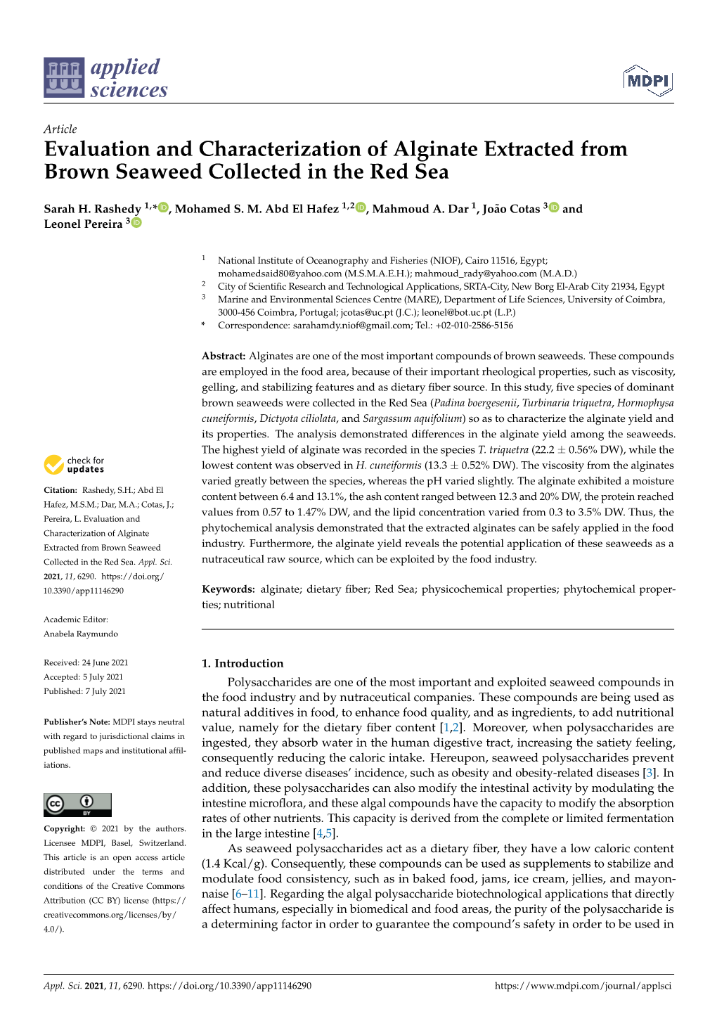 Evaluation and Characterization of Alginate Extracted from Brown Seaweed Collected in the Red Sea