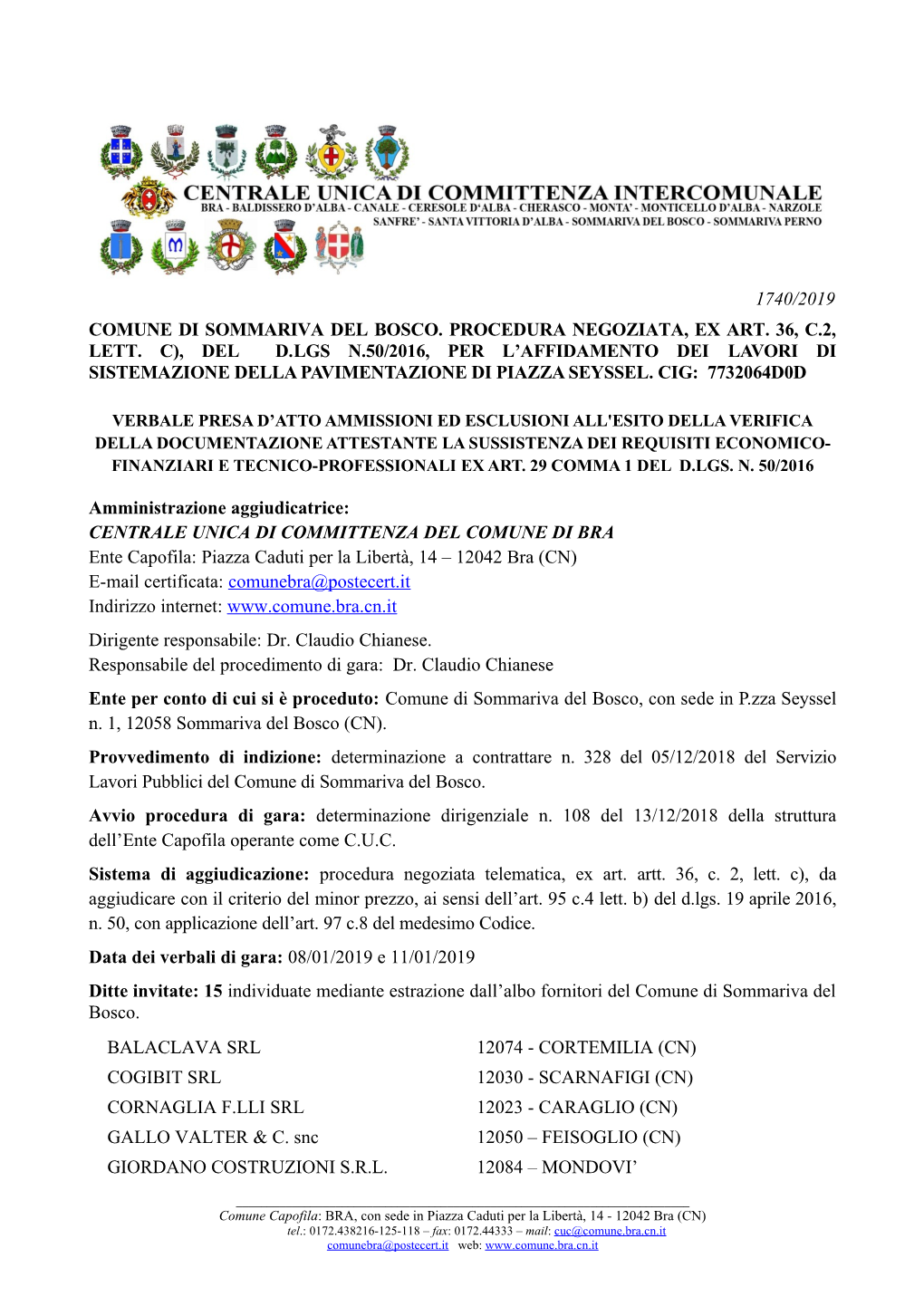 1740/2019 Comune Di Sommariva Del Bosco. Procedura Negoziata, Ex Art