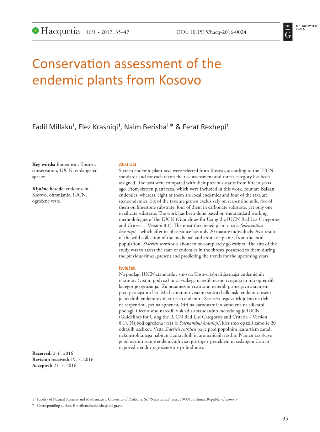 Conservation Assessment of the Endemic Plants from Kosovo