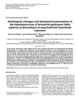 Histological Changes and Biochemical Parameters in the Hepatopancreas of Terrestrial Gastropod Helix Aspersa As Biomarkers of Neonicotinoid Insecticide Exposure
