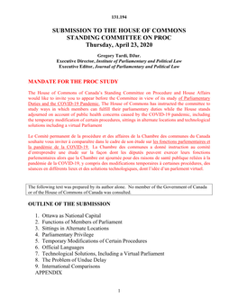 SUBMISSION to the HOUSE of COMMONS STANDING COMMITTEE on PROC Thursday, April 23, 2020
