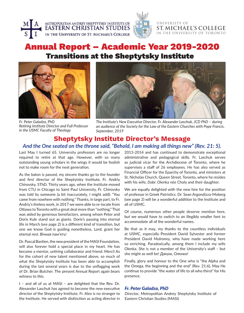 Annual Report – Academic Year 2019-2020 Transitions at the Sheptytsky Institute