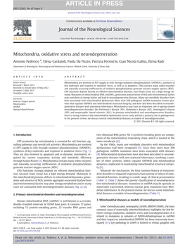 Mitochondria, Oxidative Stress and Neurodegeneration