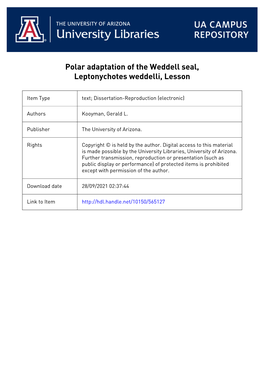Polar Adaptation of the Weddell Seal, Leptonychotes Weddelli, Lesson