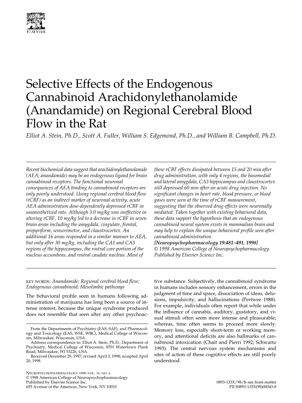 (Anandamide) on Regional Cerebral Blood Flow in the Rat Elliot A