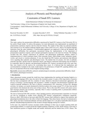 Analysis of Phonetic and Phonological Constraints of Saudi EFL Learners
