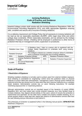 Ionising Radiations Code of Practice and Guidance Radiation Shielding