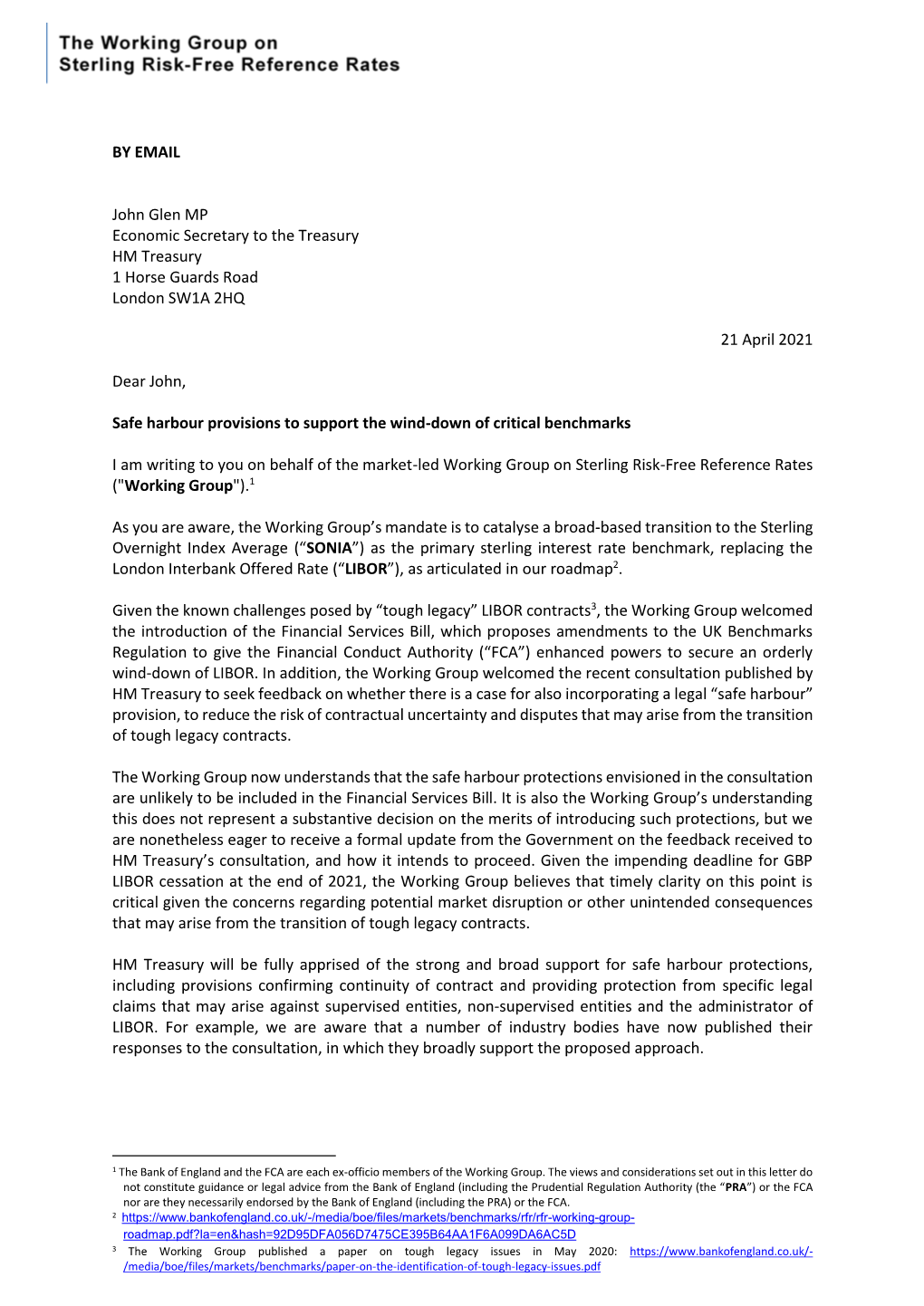 Letter to HM Treasury on Safe Harbour Provisions