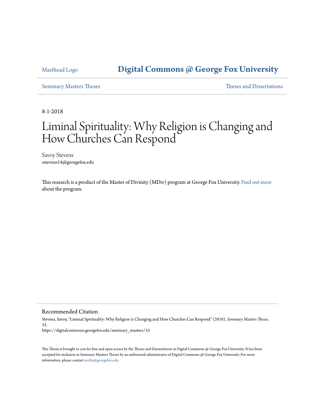 Liminal Spirituality: Why Religion Is Changing and How Churches Can Respond Savoy Stevens Sstevens14@Georgefox.Edu