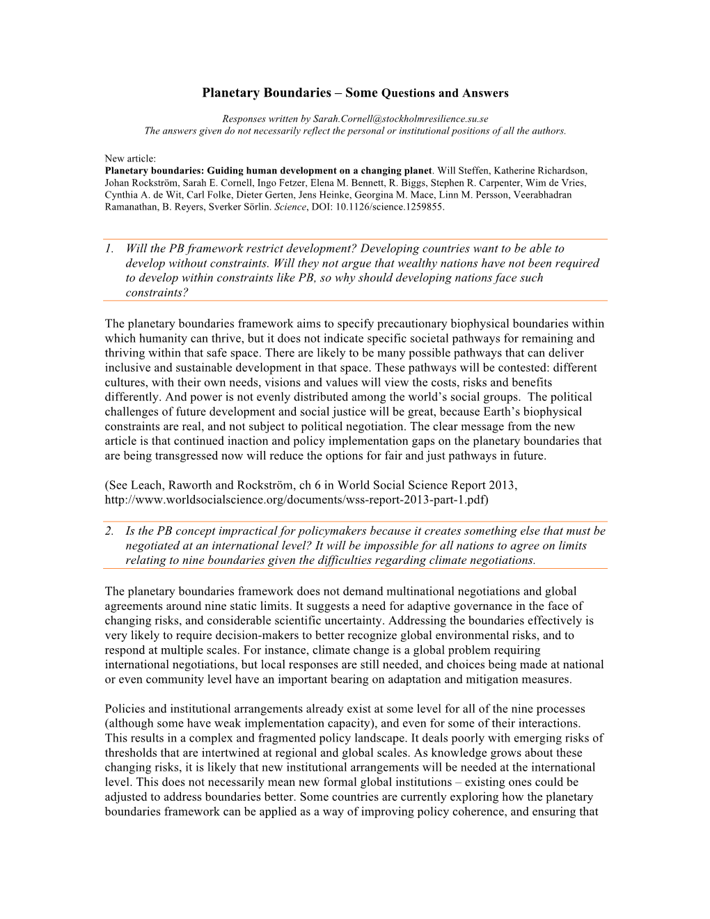 Planetary Boundaries – Some Questions and Answers