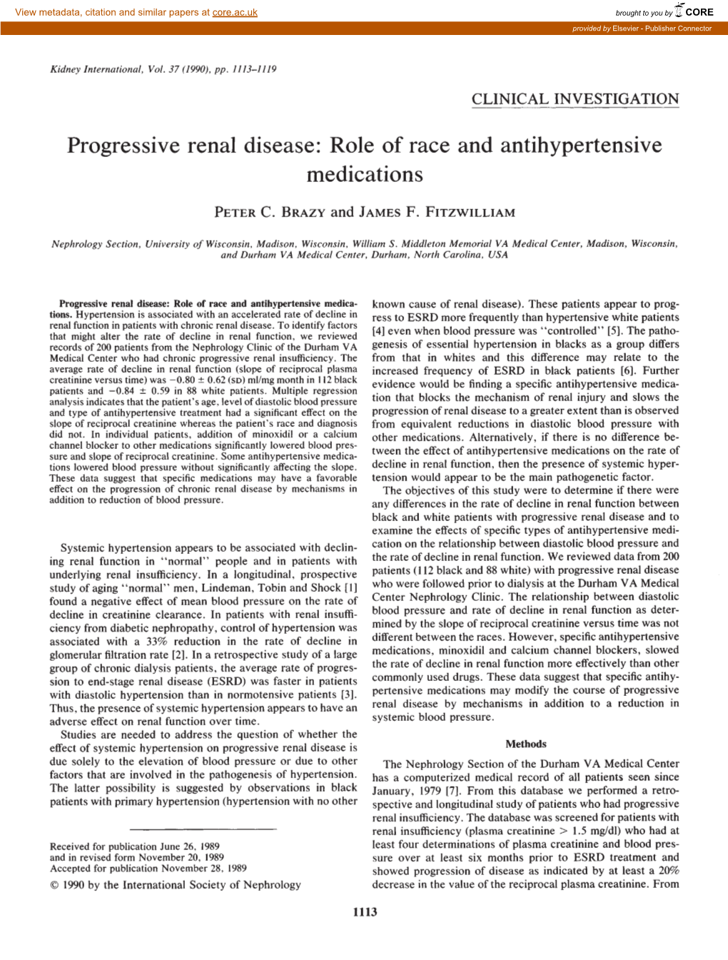 Progressive Renal Disease: Role of Race and Antihypertensive Medications