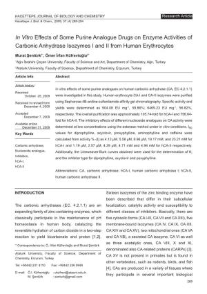 In Vitro Effects of Some Purine Analogue Drugs on Enzyme Activities of Carbonic Anhydrase Isozymes I and II from Human Erythrocytes