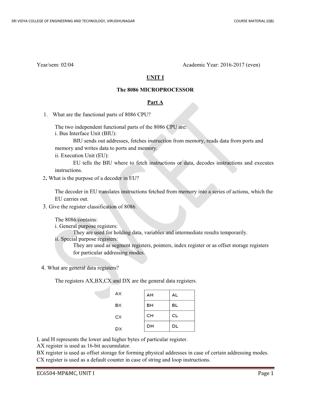 Sri Vidya College of Engineering and Technology, Virudhunagar Course Material (Qb)