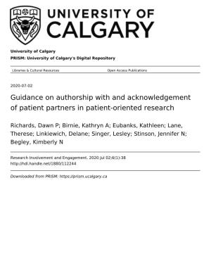Guidance on Authorship with and Acknowledgement of Patient Partners in Patient-Oriented Research