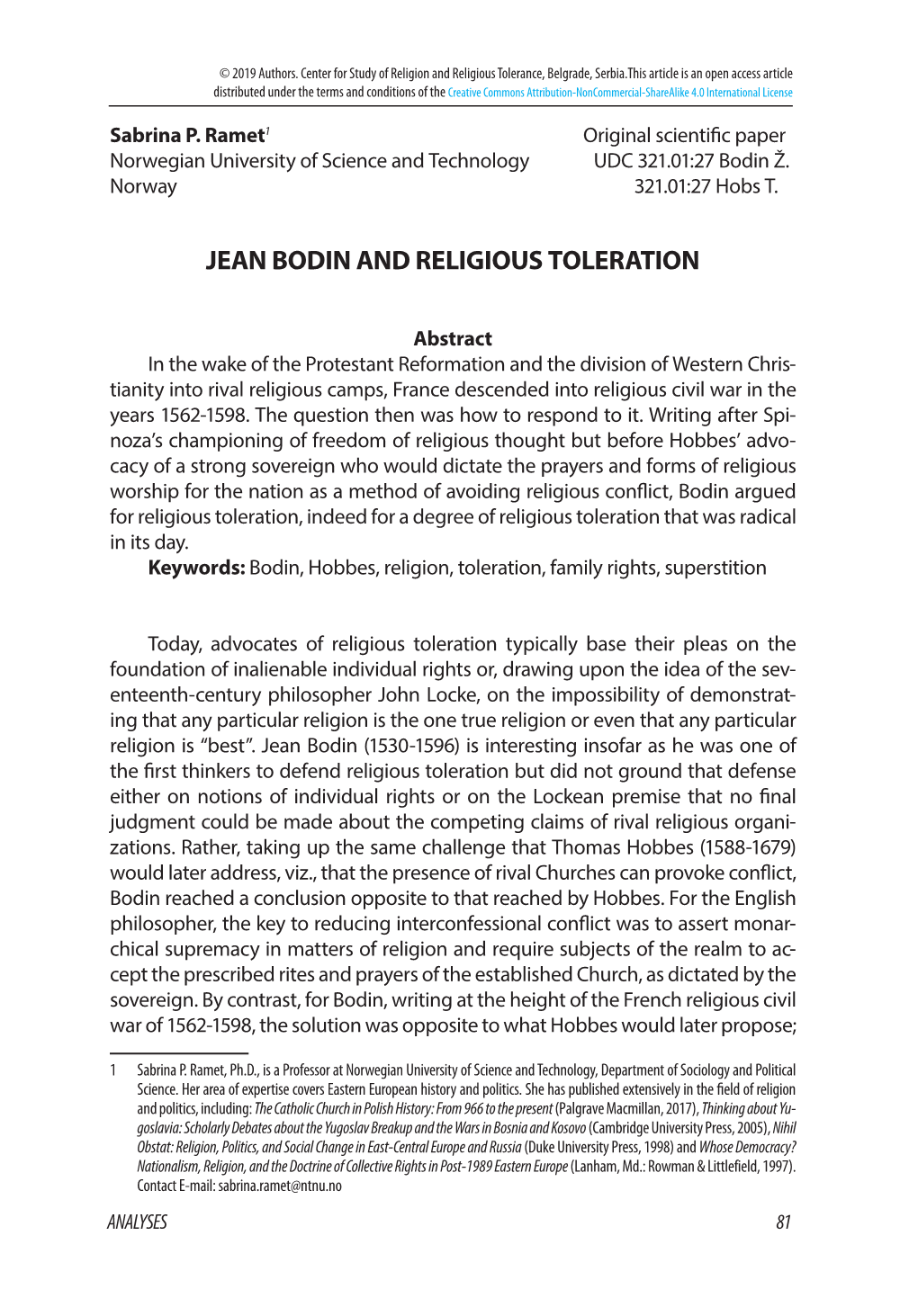 Jean Bodin and Religious Toleration