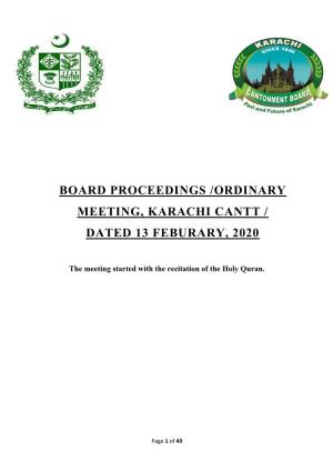 Board Proceedings /Ordinary Meeting, Karachi Cantt / Dated 13 Feburary, 2020