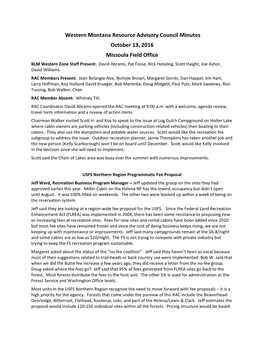 Western Montana Resource Advisory Council Minutes October 13, 2016