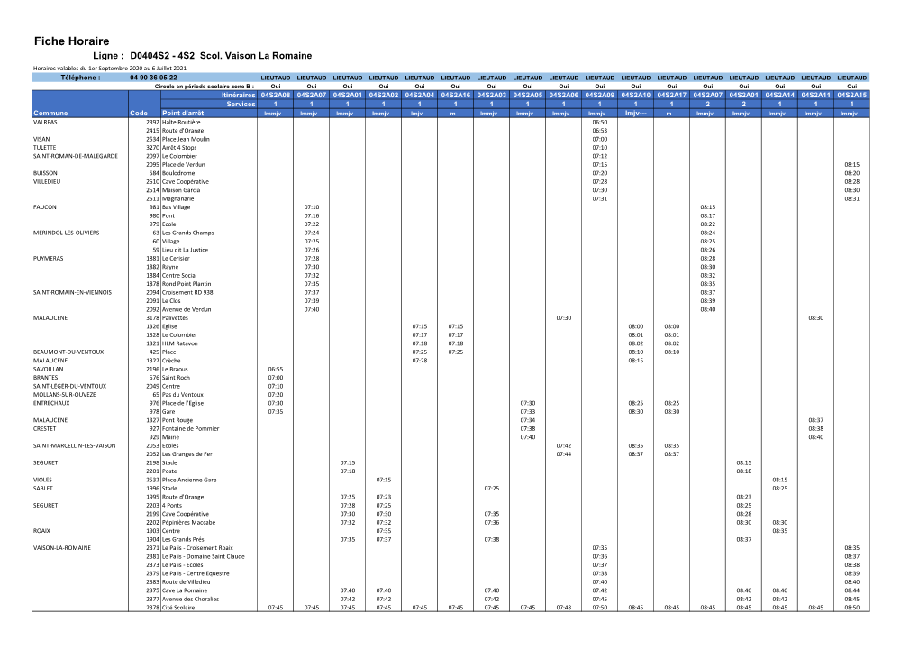 Fiche Horaire Ligne : D0404S2 - 4S2 Scol