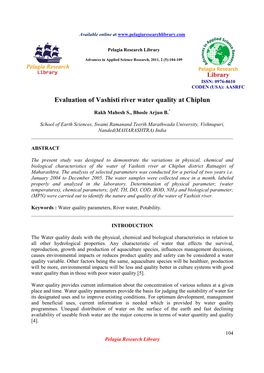 Evaluation of Vashisti River Water Quality at Chiplun
