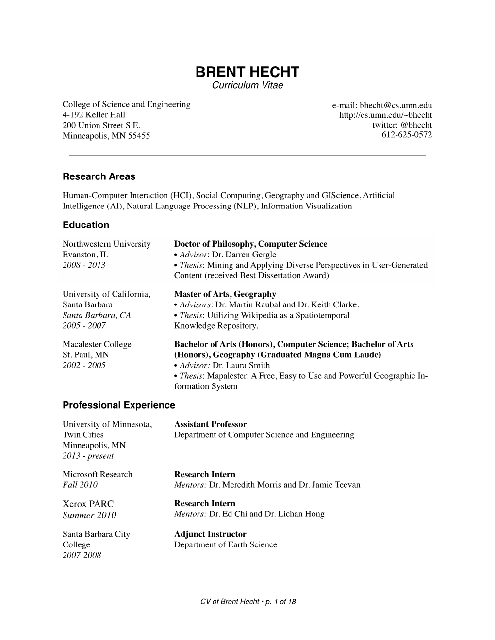 BRENT HECHT Curriculum Vitae