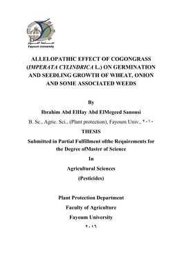 Allelopathic Effect of Cogongrass (Imperata Cylindrica L.) on Germination and Seedling Growth of Wheat, Onion and Some Associated Weeds