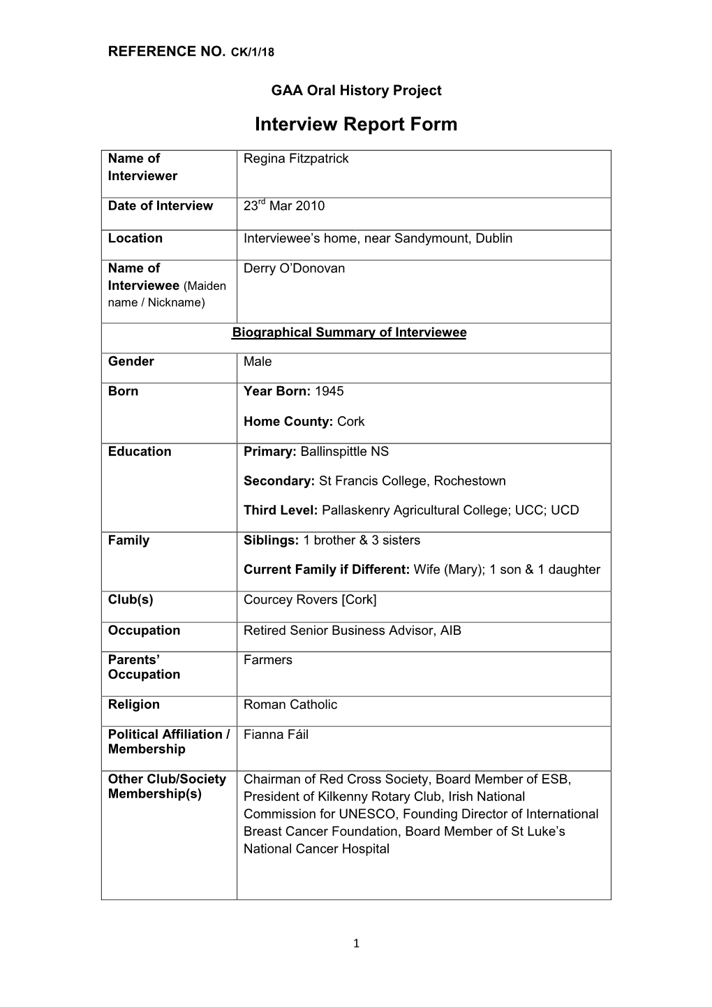 GAA Oral History Project Interview Report Form