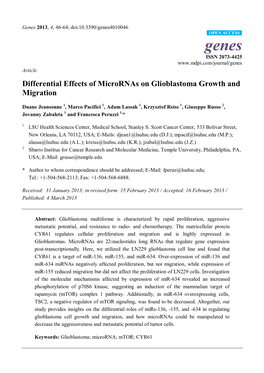 Differential Effects of Micrornas on Glioblastoma Growth and Migration