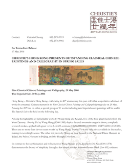 Christie's Hong Kong Presents Outstanding Classical Chinese Paintings and Calligraphy in Spring Sales