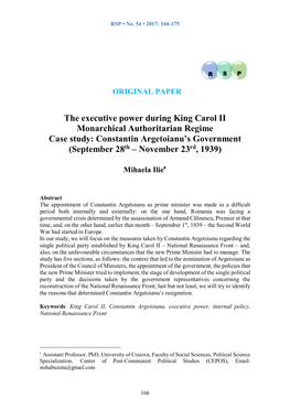 The Executive Power During King Carol II Monarchical Authoritarian Regime Case Study: Constantin Argetoianu’S Government (September 28Th – November 23Rd, 1939)