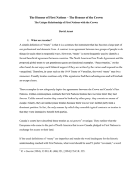 The Honour of First Nations – the Honour of the Crown the Unique Relationship of First Nations with the Crown