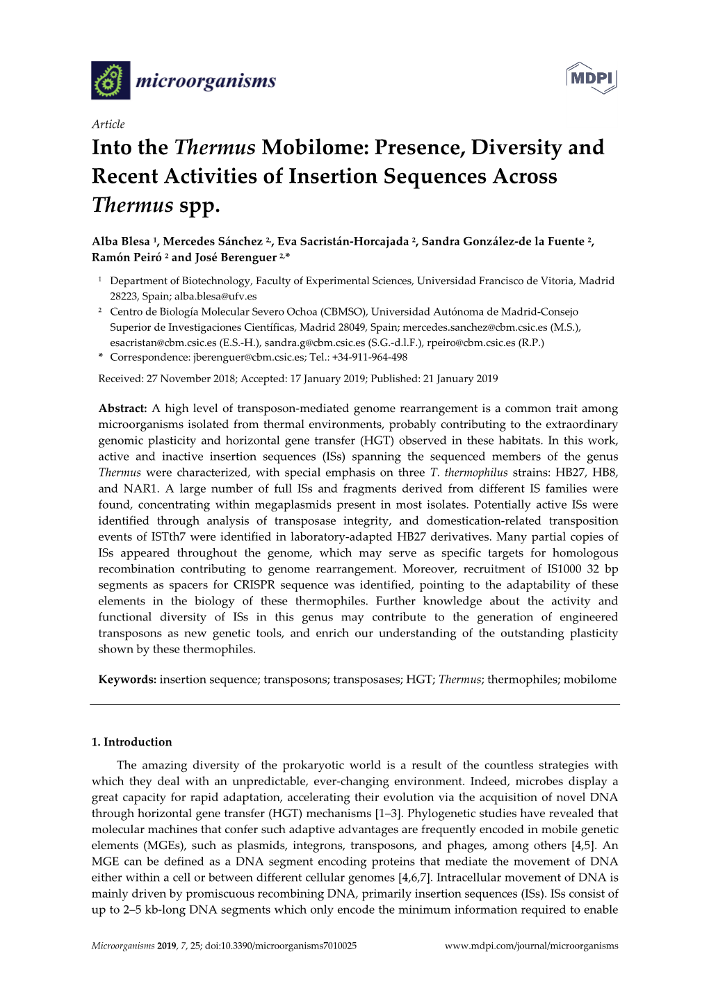 Into the Thermus Mobilome: Presence, Diversity and Recent Activities of Insertion Sequences Across Thermus Spp