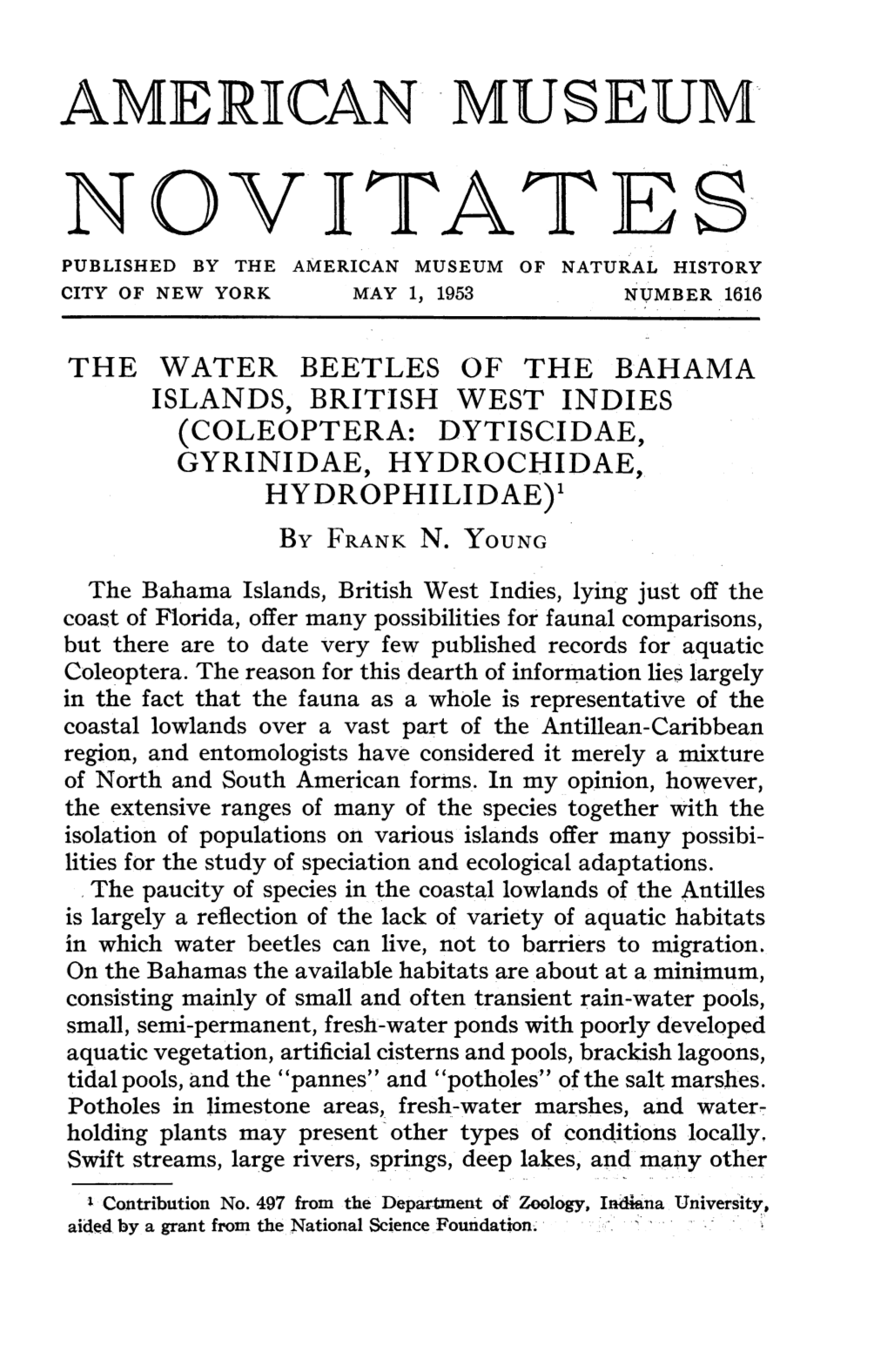 Novyitates Published by the American Museum of Natural History City of New York May 1, 1953 Number 1616