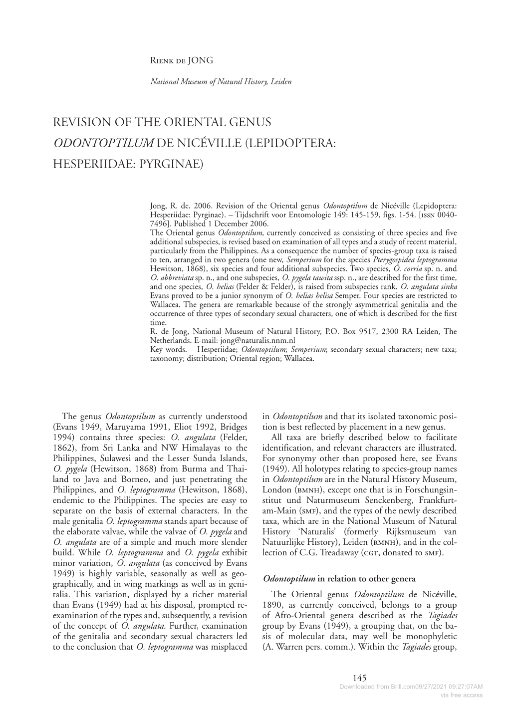 Revision of the Oriental Genus Odontoptilum De Nicéville (Lepidoptera: Hesperiidae: Pyrginae)