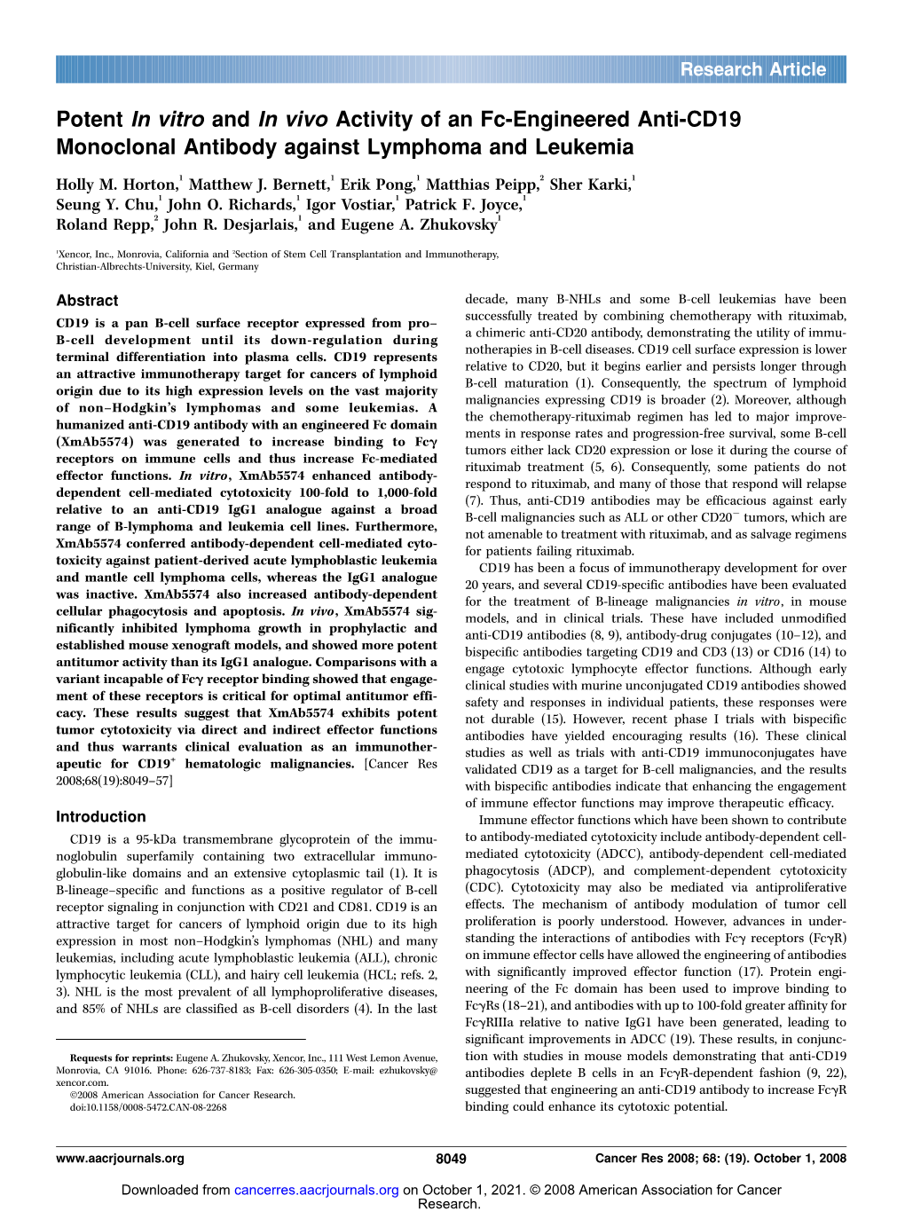 Potent in Vitro and in Vivo Activity of an Fc-Engineered Anti-CD19 Monoclonal Antibody Against Lymphoma and Leukemia