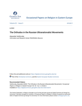 The Orthodox in the Russian Ultranationalist Movements