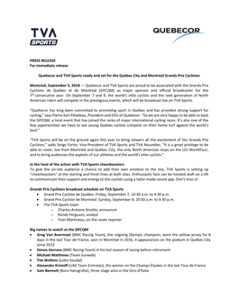 PRESS RELEASE for Immediate Release Quebecor and TVA Sports