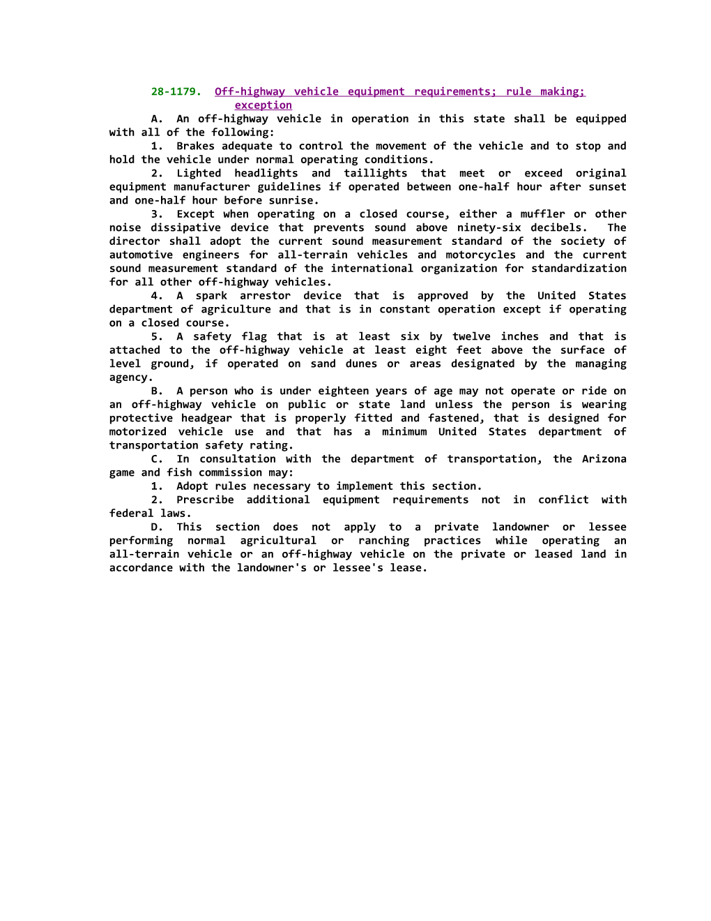 28-1179; Off-Highway Vehicle Equipment Requirements; Rule Making; Exception