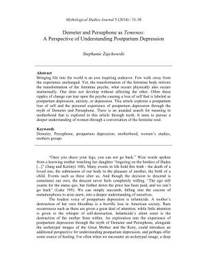 Demeter and Persephone As Temenos: a Perspective of Understanding Postpartum Depression