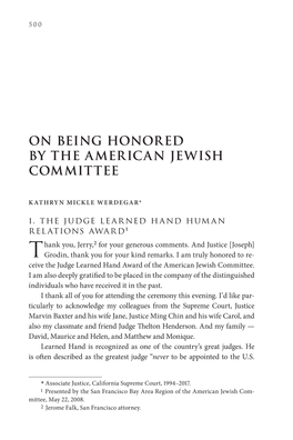 On Being Honored by the American Jewish Committee