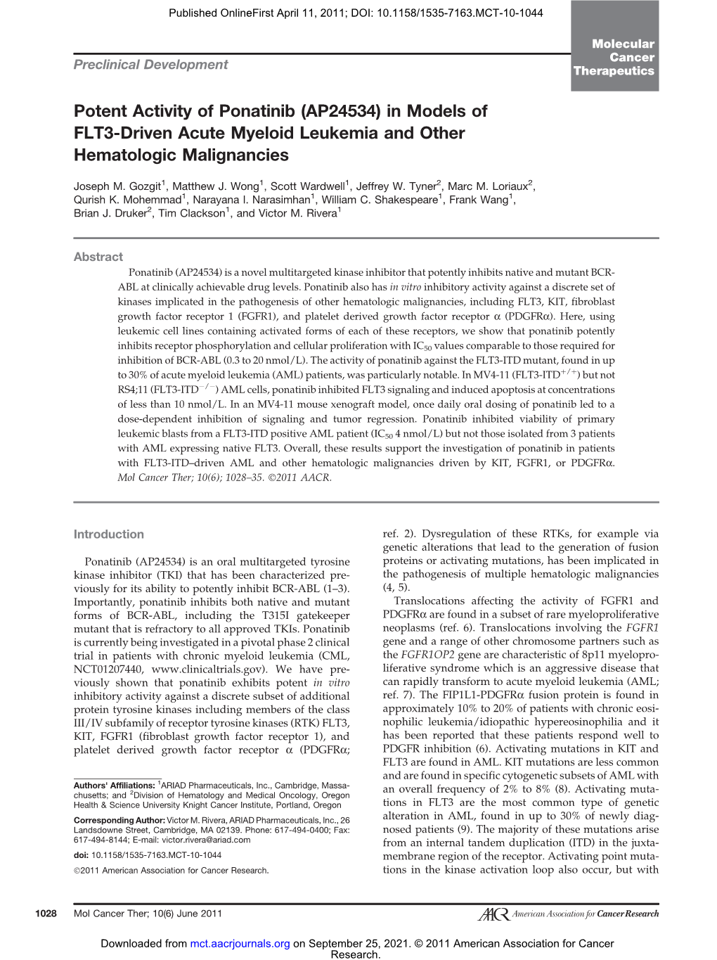 Potent Activity of Ponatinib (AP24534) in Models of FLT3-Driven Acute Myeloid Leukemia and Other Hematologic Malignancies