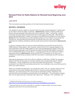 Renewal Primer for Radio Stations for Renewal Cycle Beginning June 2019
