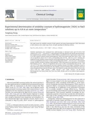 Experimental Determination of Solubility Constant of Hydromagnesite (5424) in Nacl Solutions up to 4.4 M at Room Temperature☆
