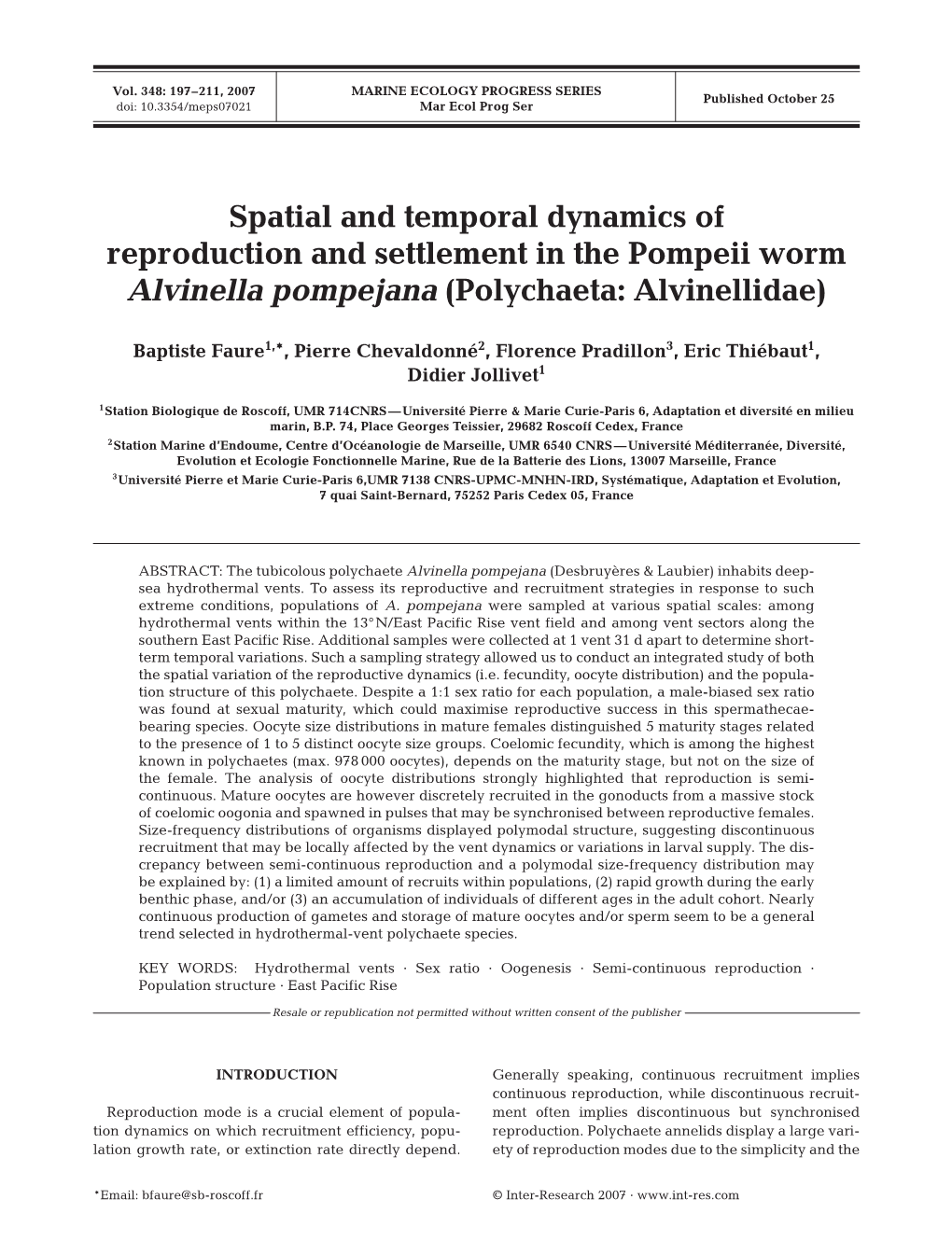 Spatial and Temporal Dynamics of Reproduction and Settlement in the Pompeii Worm Alvinella Pompejana (Polychaeta: Alvinellidae)