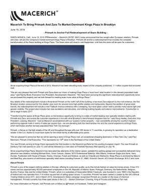 Macerich to Bring Primark and Zara to Market-Dominant Kings Plaza in Brooklyn