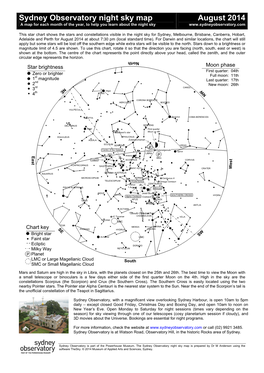 Sydney Observatory Night Sky Map August 2014 a Map for Each Month of the Year, to Help You Learn About the Night Sky