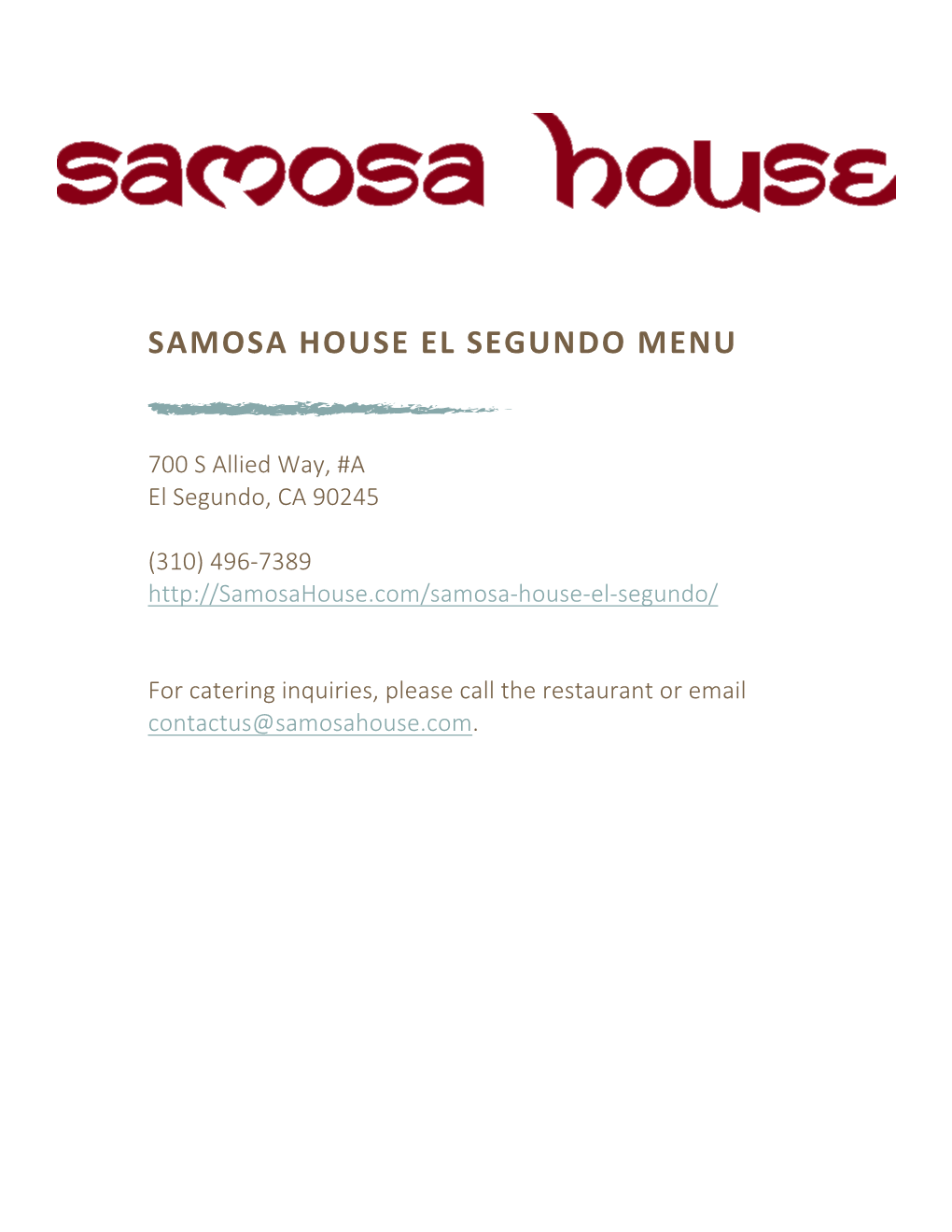Samosa House El Segundo Menu