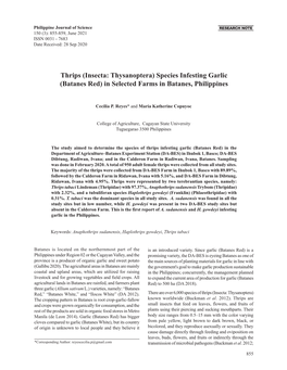 (Insecta: Thysanoptera) Species Infesting Garlic (Batanes Red) in Selected Farms in Batanes, Philippines