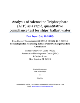 Analysis of Adenosine Triphosphate (ATP) As a Rapid, Quantitative Compliance Test for Ships’ Ballast Water