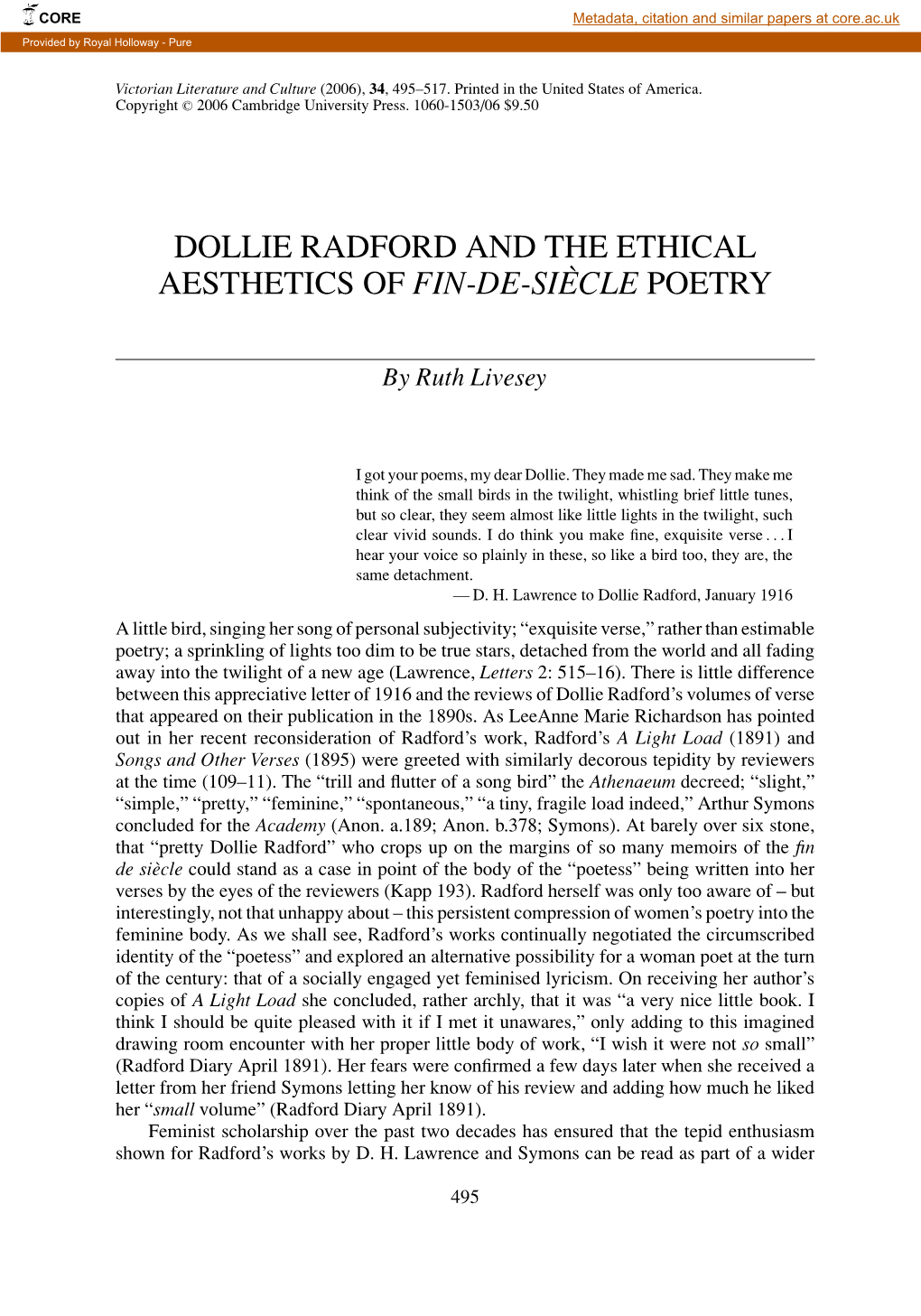 Dollie Radford and the Ethical Aesthetics of Fin-De-Siecle` Poetry